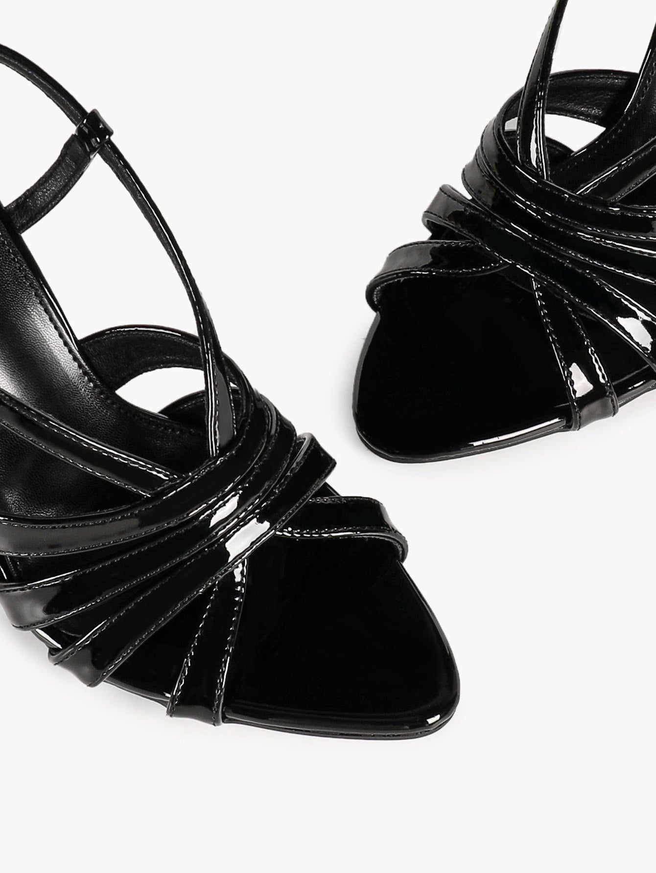 Women's Black Patent Leather Strappy Slingback Sandals Pointed Toe Crisscross Band Block Heels