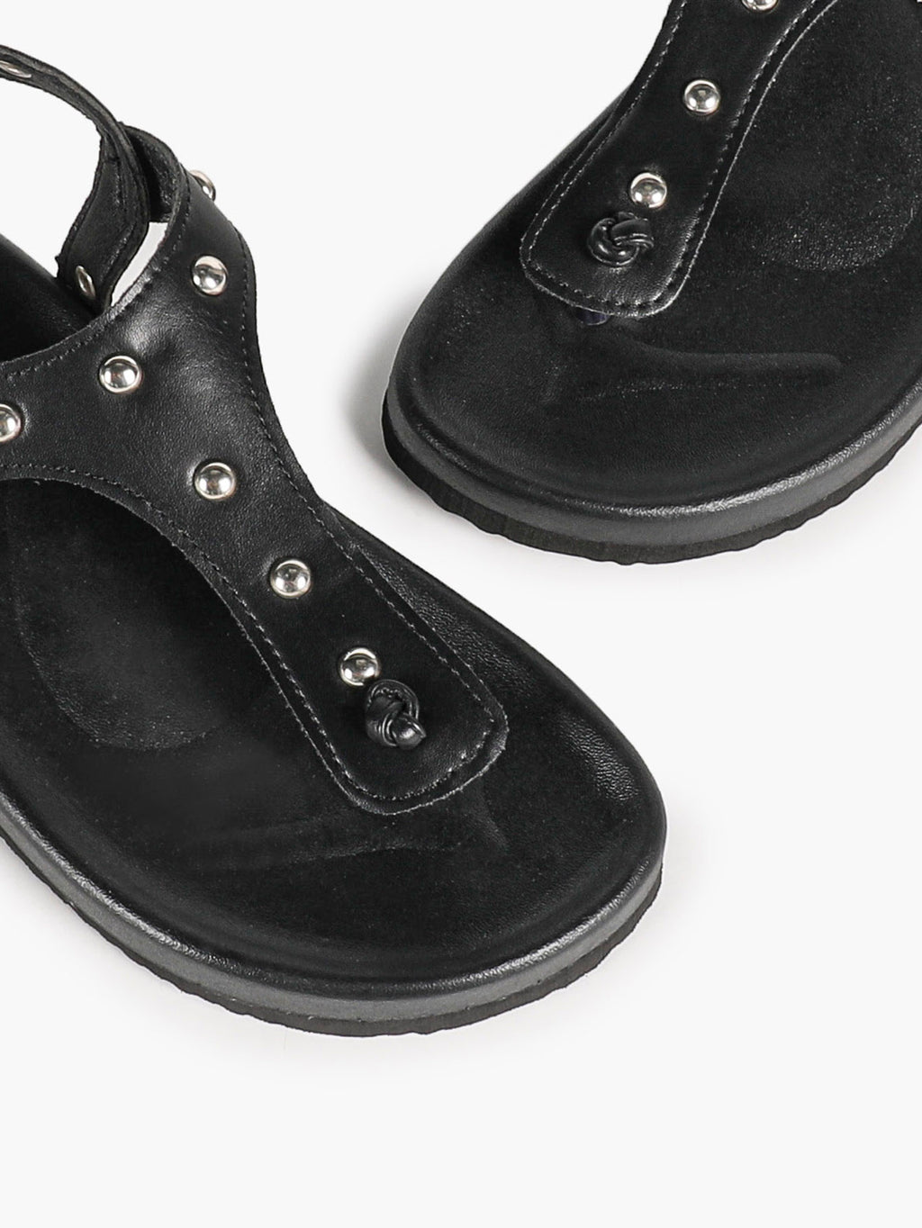 Black Leather T-Strap Sandals with Silver Stud Details and Ankle Buckle