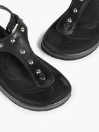 Black Leather T-Strap Sandals with Silver Stud Details and Ankle Buckle