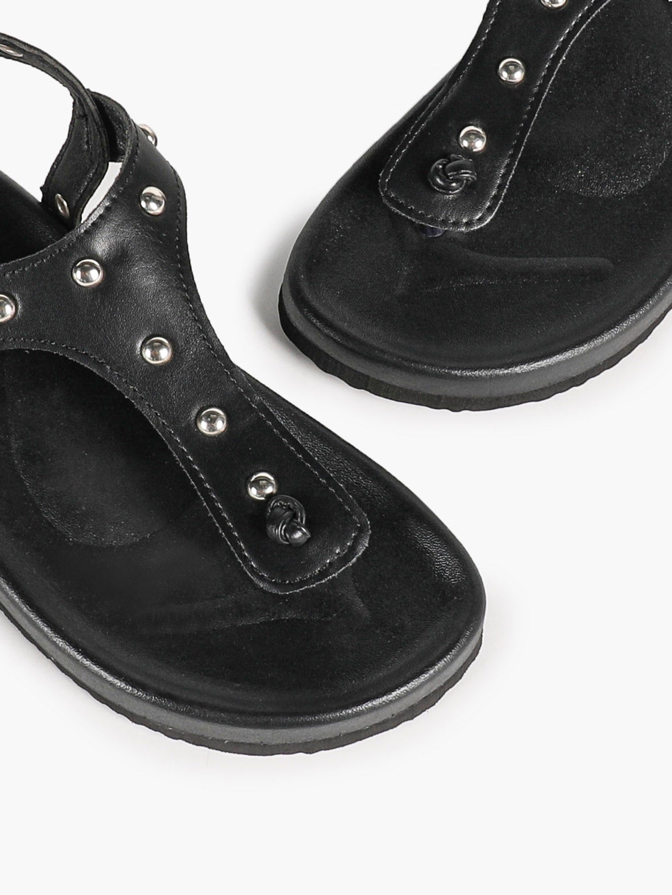 Black Leather T-Strap Sandals with Silver Stud Details and Ankle Buckle