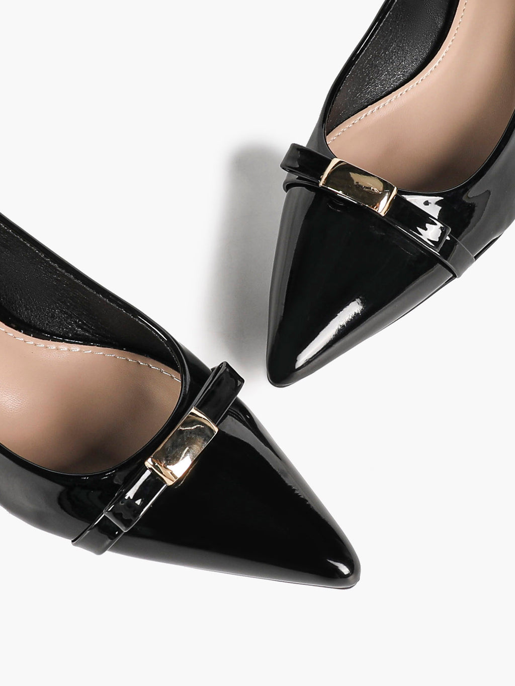 Black Patent Pointed-Toe Heels with Gold-Tone Metal Accent and Block Heel