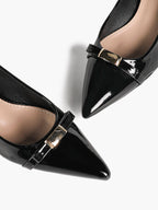Black Patent Pointed-Toe Heels with Gold-Tone Metal Accent and Block Heel