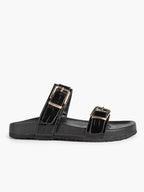Black Patent Croc-Embossed Double Buckle Slide Sandals