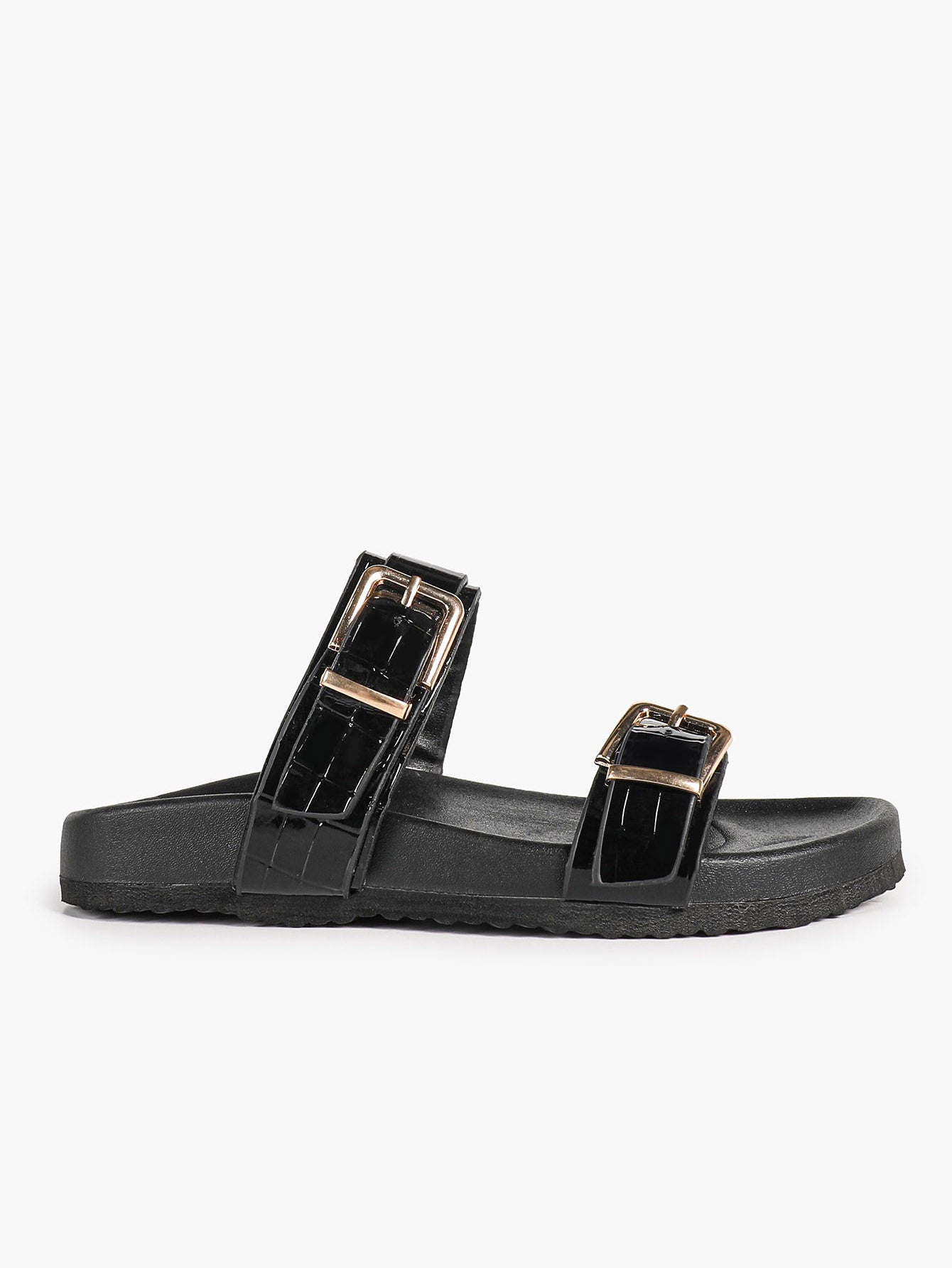 Black Patent Croc-Embossed Double Buckle Slide Sandals