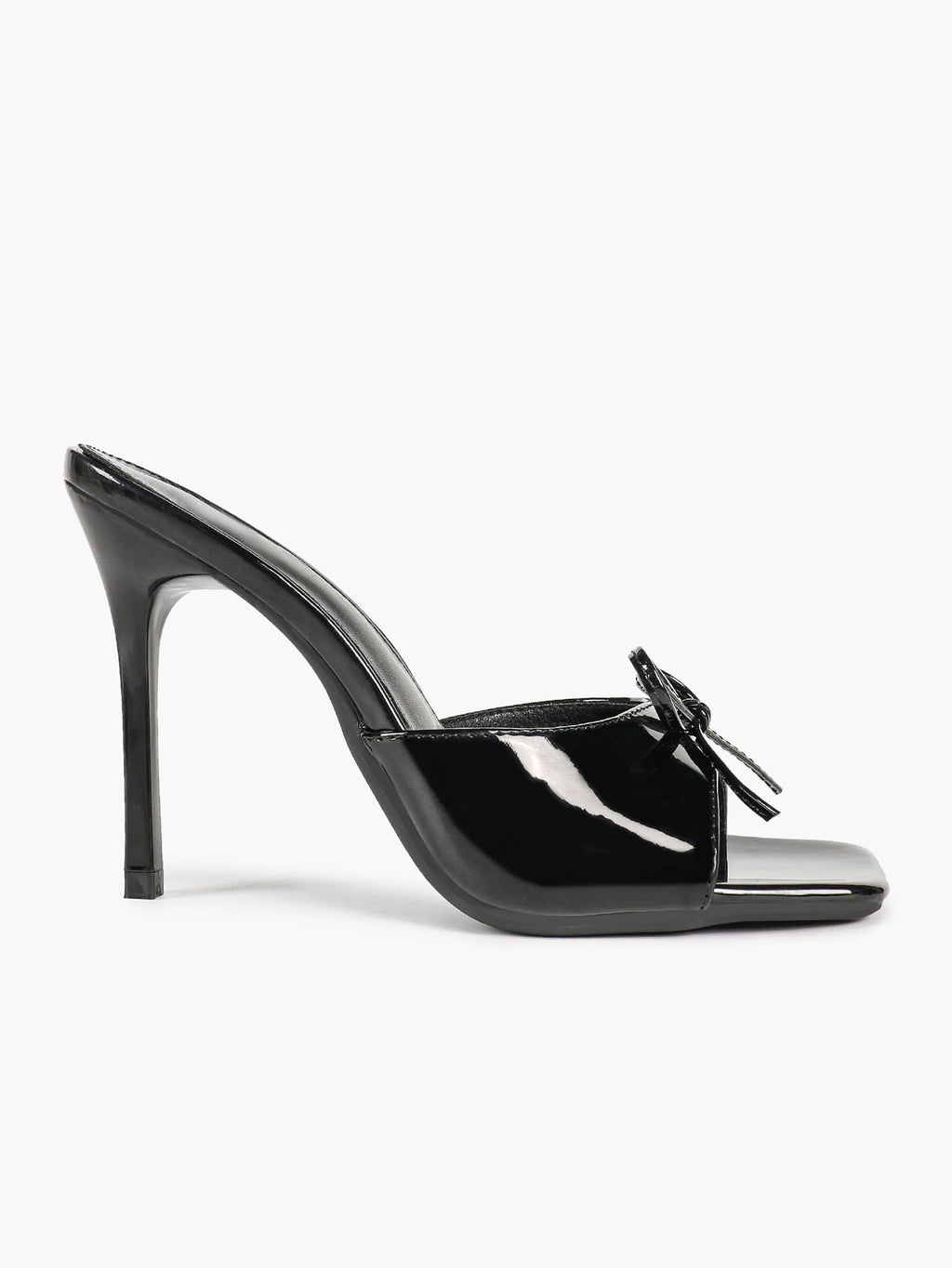The Cool-Girl Bow: Black Patent Square-Toe Mules with a 4.13" Stiletto