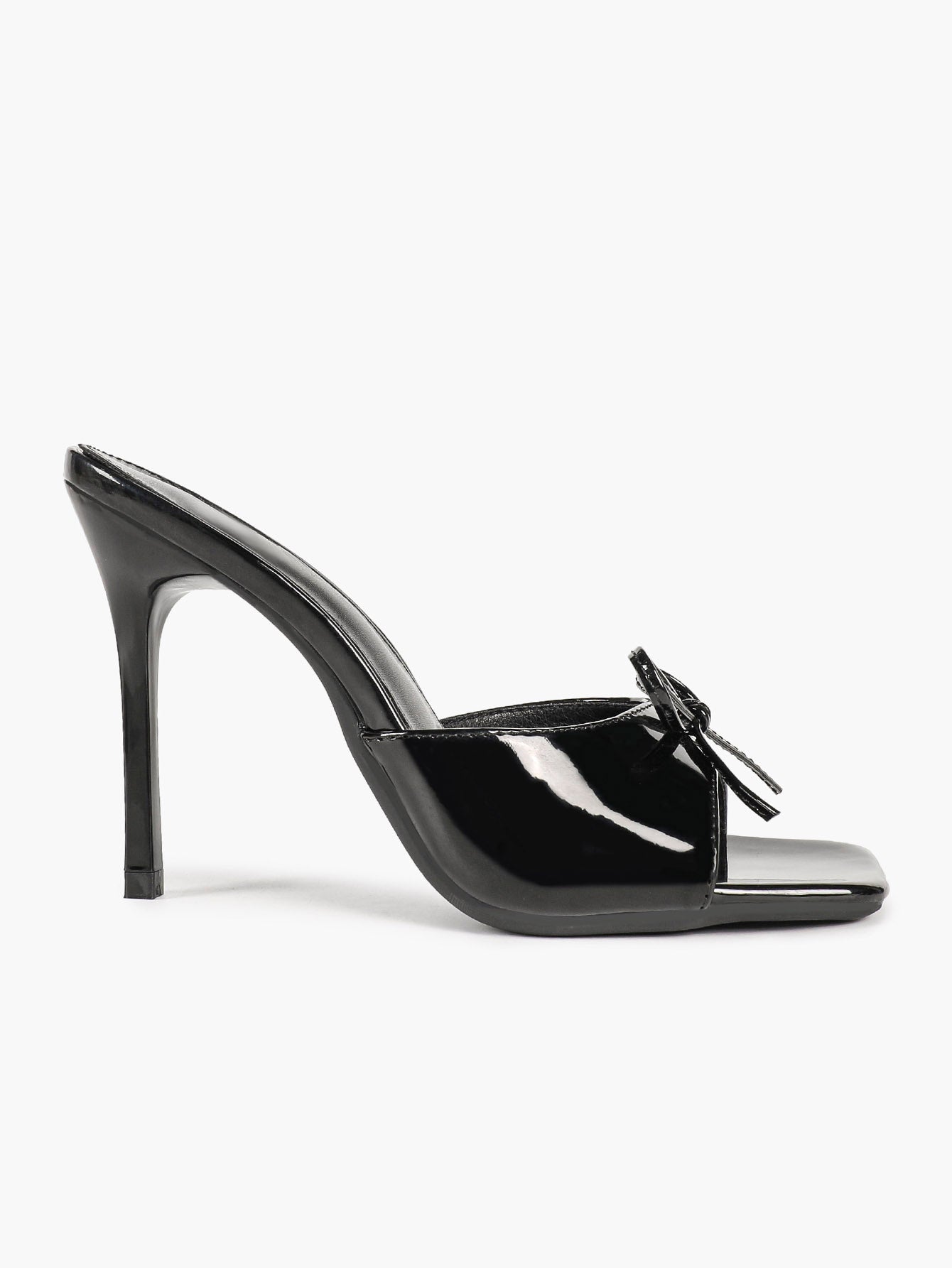 The Cool-Girl Bow: Black Patent Square-Toe Mules with a 4.13" Stiletto