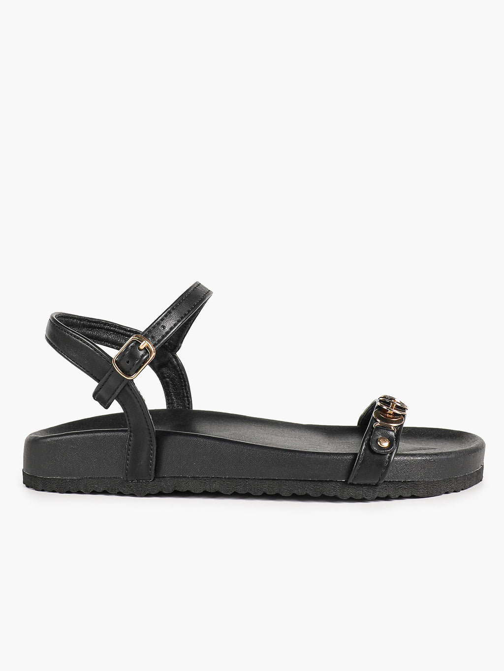 Black Leather Flat Sandals with Gold Coin Detail and Ankle Strap Summer Vacation