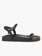 Black Leather Flat Sandals with Gold Coin Detail and Ankle Strap Summer Vacation