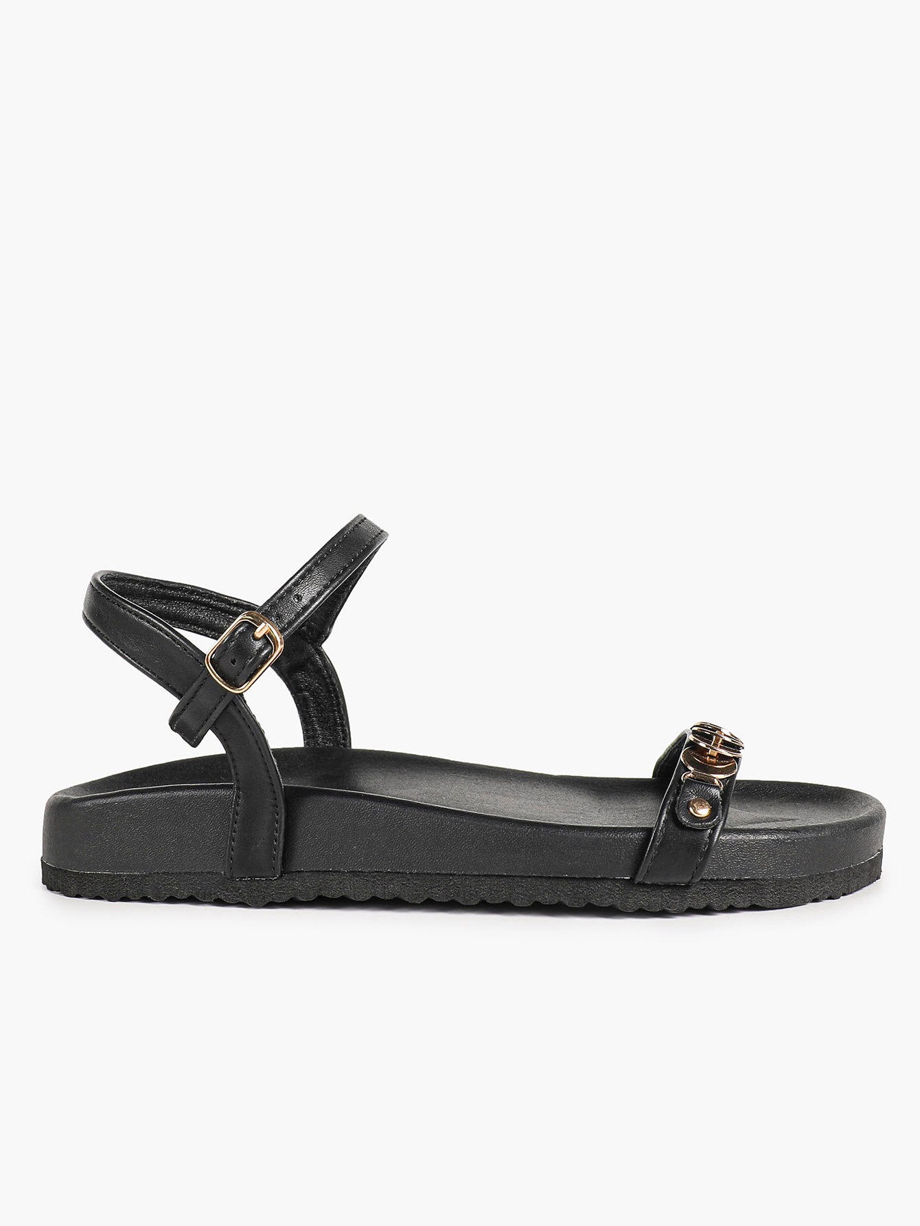 Black Leather Flat Sandals with Gold Coin Detail and Ankle Strap Summer Vacation