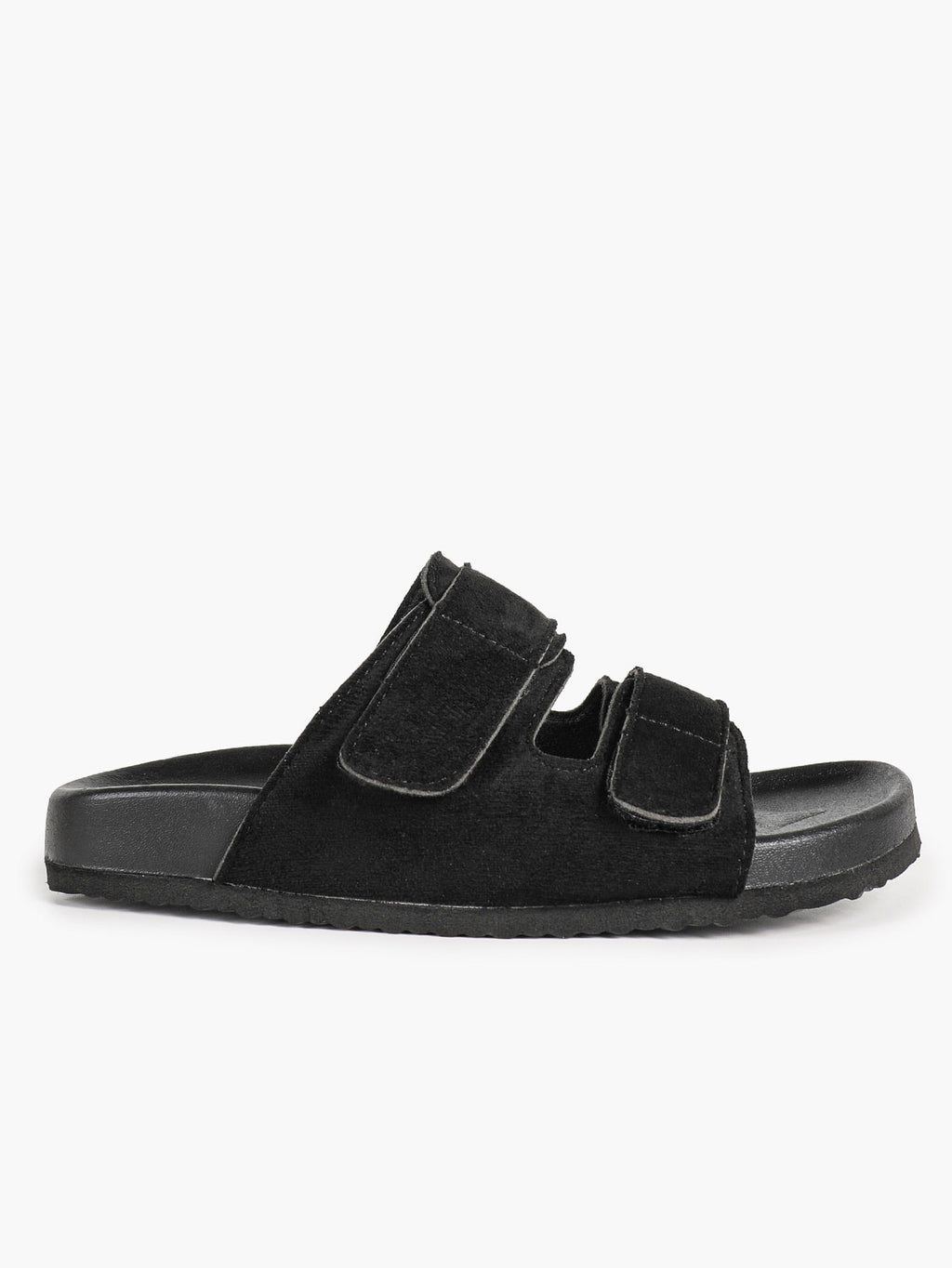 Black Suede Double-Strap Velcro Slide Sandals with Cushioned Footbed