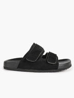 Black Suede Double-Strap Velcro Slide Sandals with Cushioned Footbed