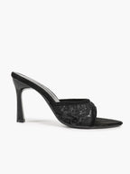 Pink Lace Embroidered Pointed Toe Mule Heels Slip-On Wide Strap Block Heels with Soft Insole