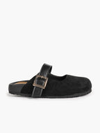Black Suede Mary Jane Mule with Gold-Tone Buckle and Cushioned Sole