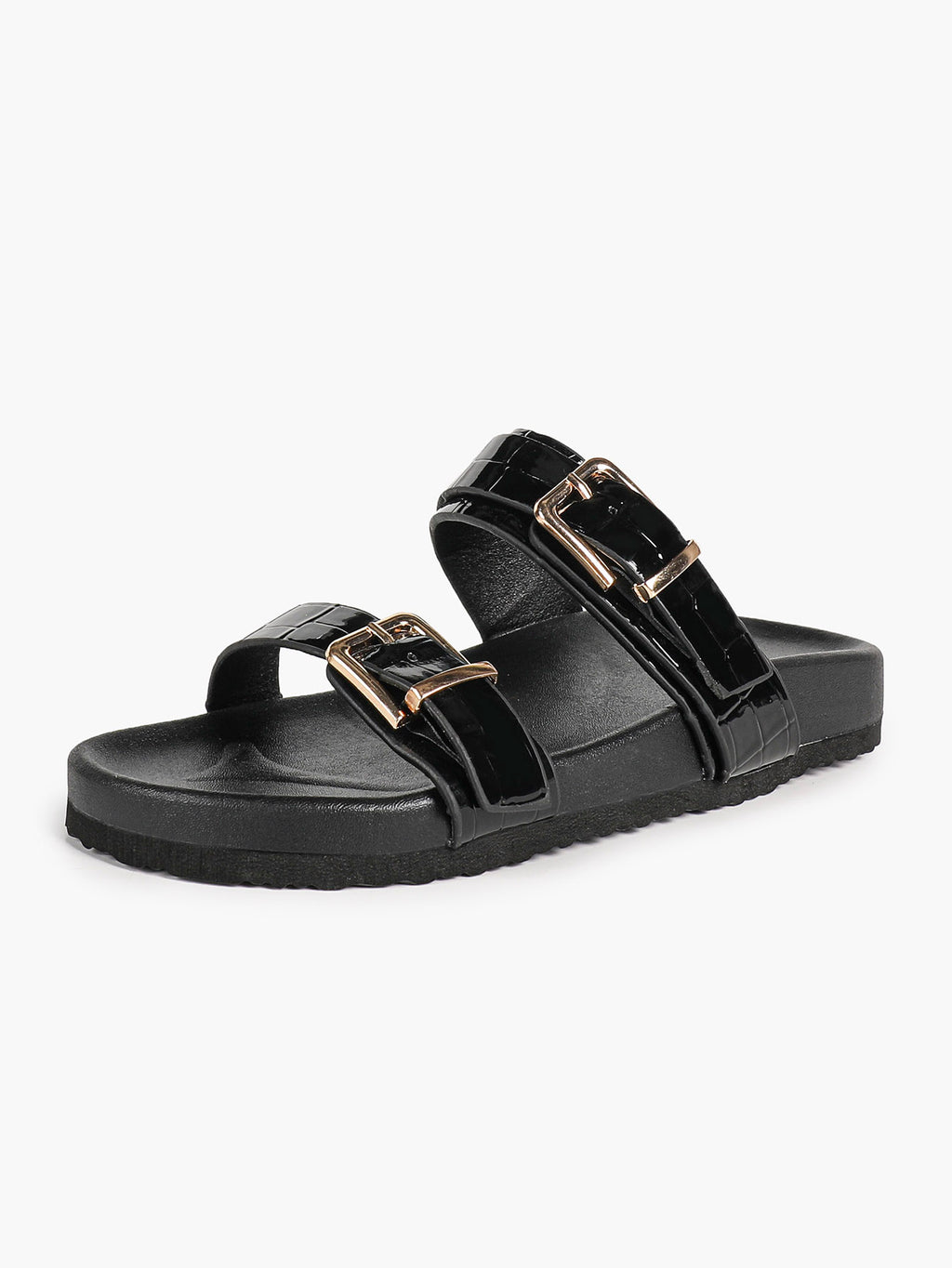Black Patent Croc-Embossed Double Buckle Slide Sandals