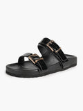 Black Patent Croc-Embossed Double Buckle Slide Sandals