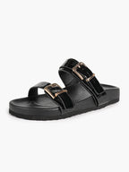 Black Patent Croc-Embossed Double Buckle Slide Sandals