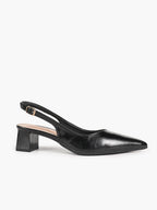 Black Patent Pointed-Toe Slingback Heels with Low Block Heel