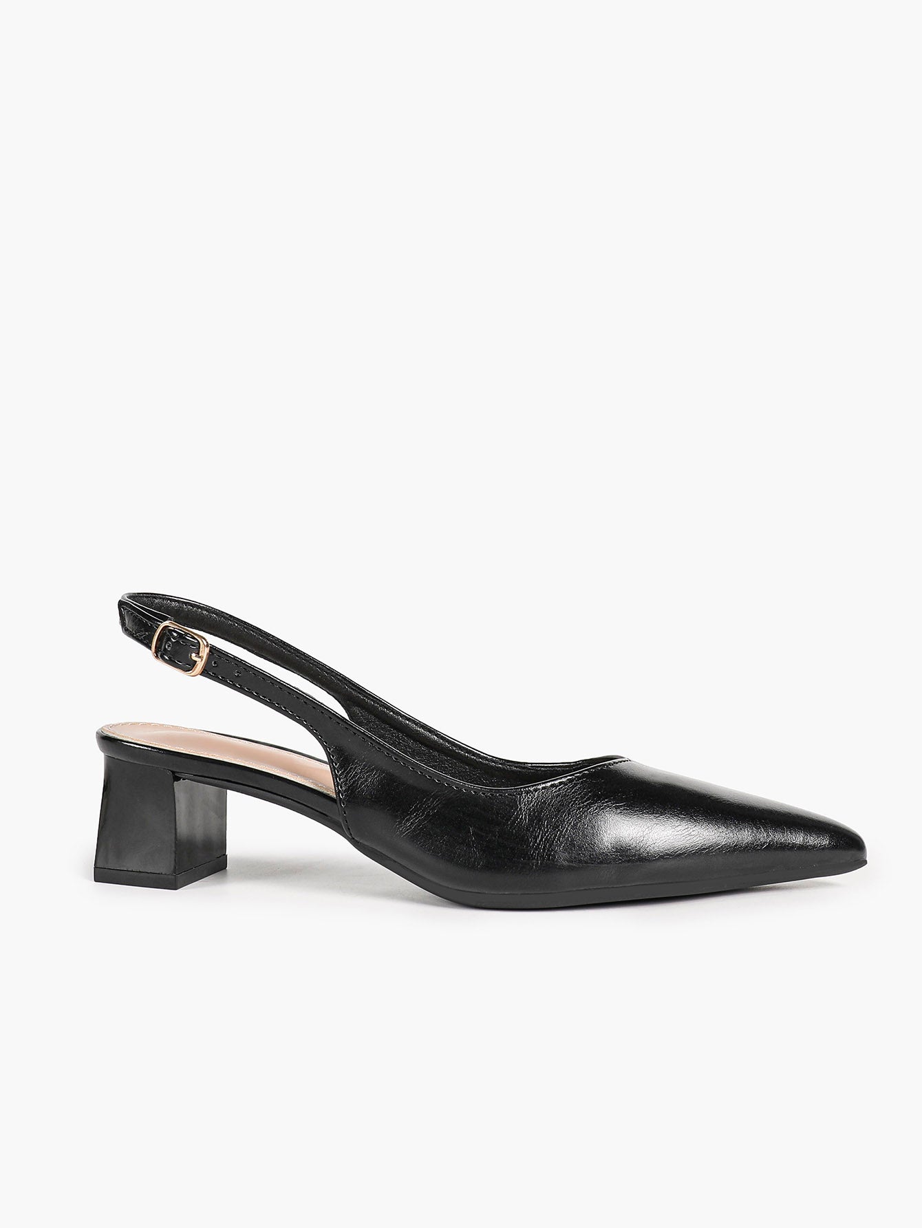 Black Patent Pointed-Toe Slingback Heels with Low Block Heel