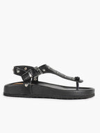 Black Leather T-Strap Sandals with Silver Stud Details and Ankle Buckle