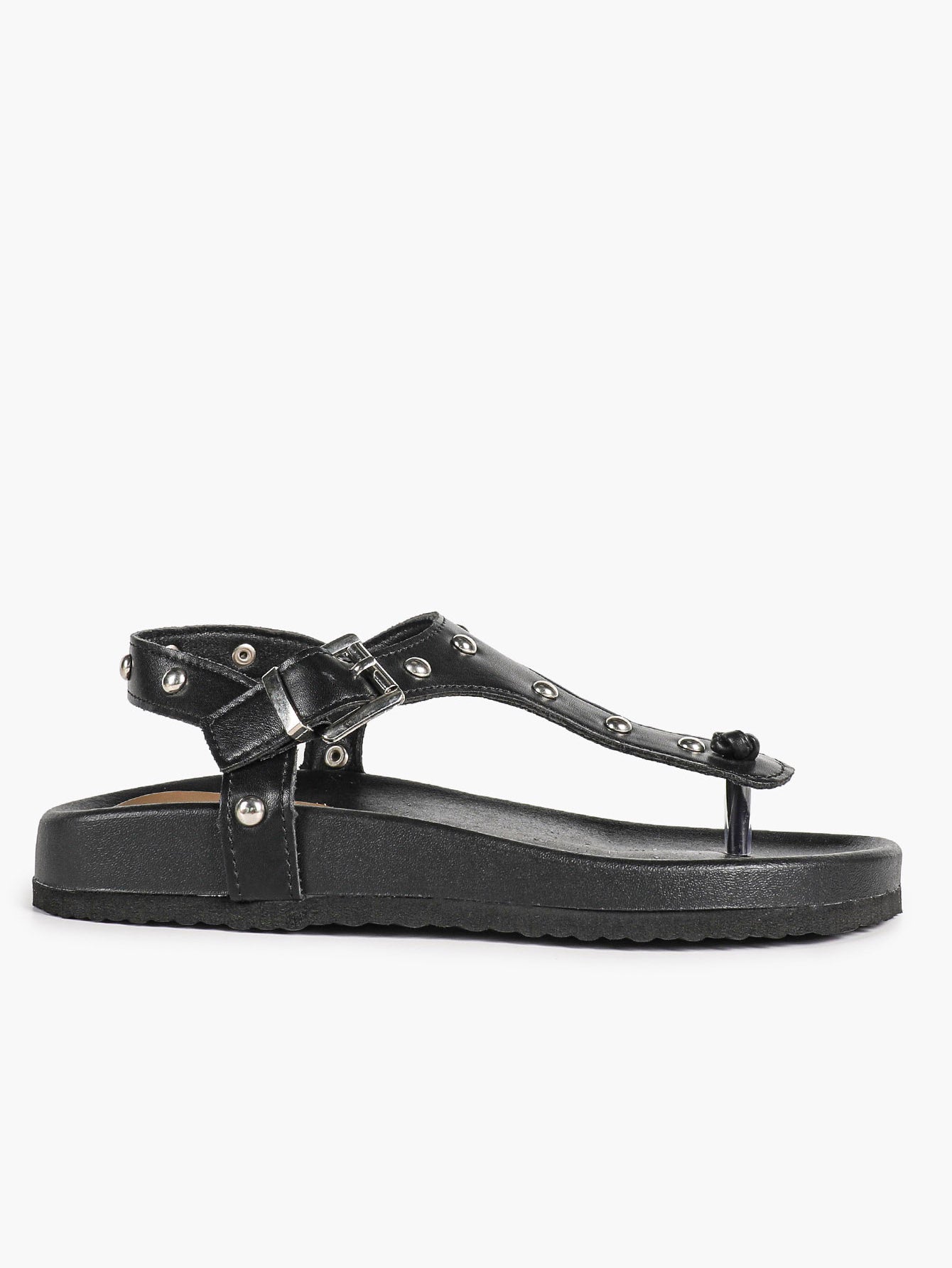 Black Leather T-Strap Sandals with Silver Stud Details and Ankle Buckle