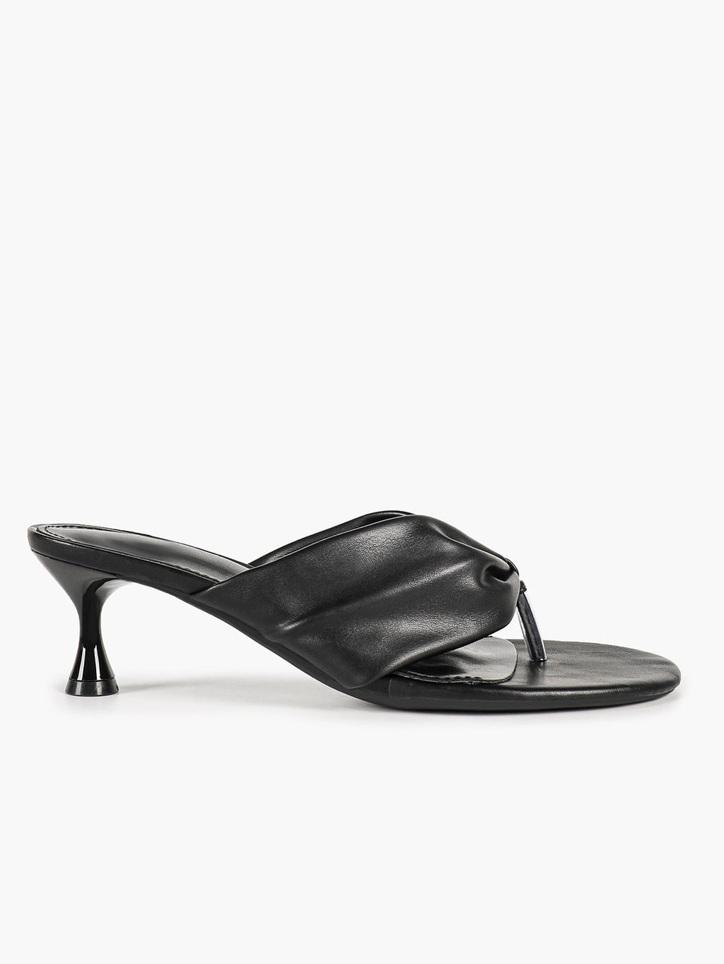 Black Faux Leather Ruched Twist Thong Mule Sandals Kitten Heels Slip-On with Soft Insole