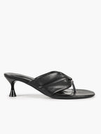 Black Faux Leather Ruched Twist Thong Mule Sandals Kitten Heels Slip-On with Soft Insole