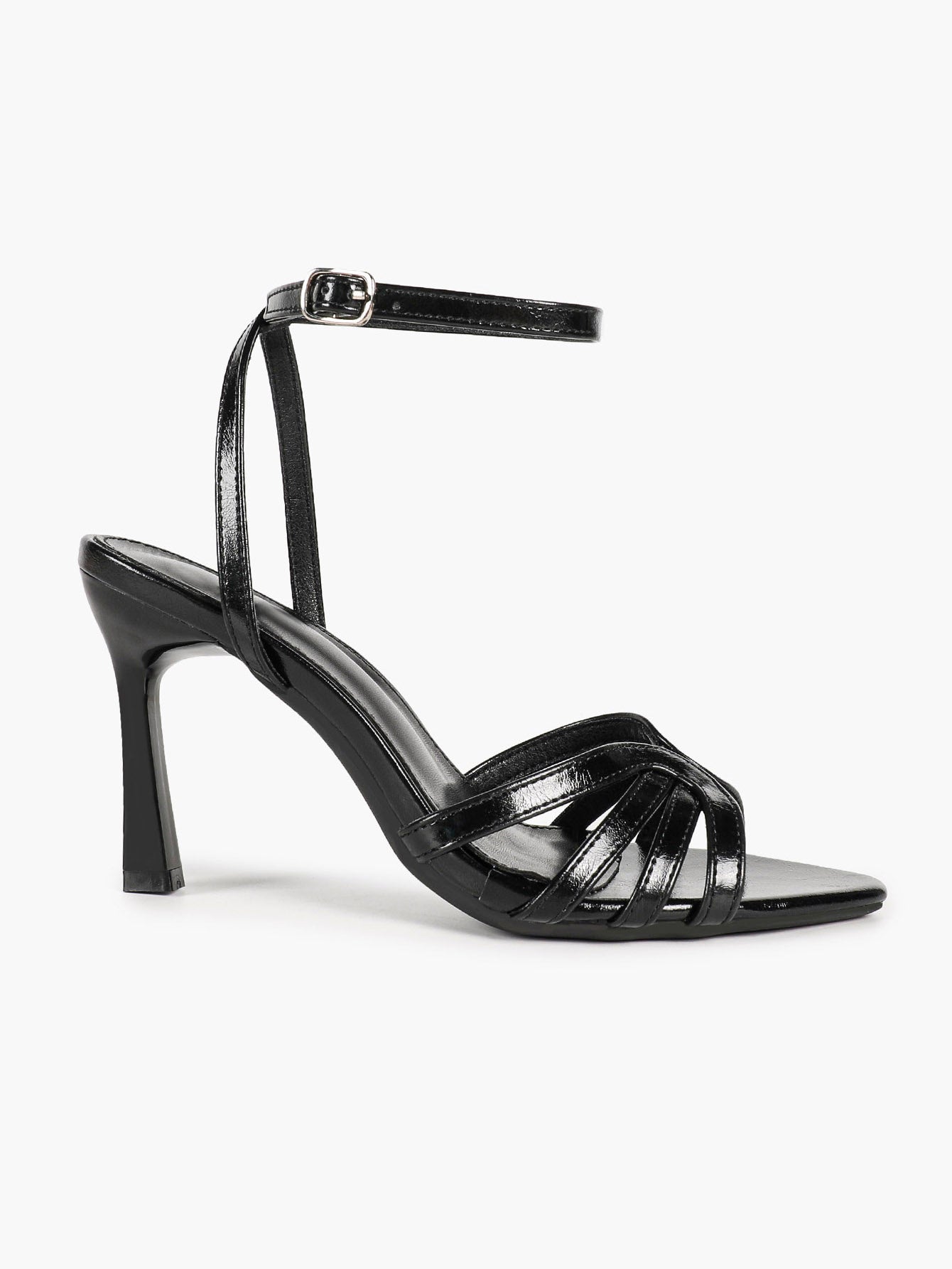 Black Glossy Strappy Open Toe Ankle Strap Sandals Knotted Multi-Band Detail Block Heels