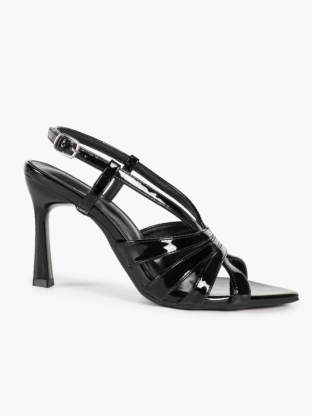 Women's Black Patent Leather Strappy Slingback Sandals Pointed Toe Crisscross Band Block Heels