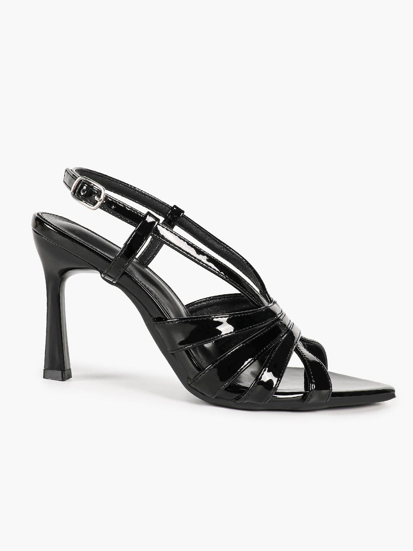 Women's Black Patent Leather Strappy Slingback Sandals Pointed Toe Crisscross Band Block Heels