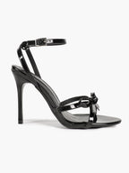 Architectural Bow Stilettos: Glossy Black Multi-Strap Heels for Modern Chic