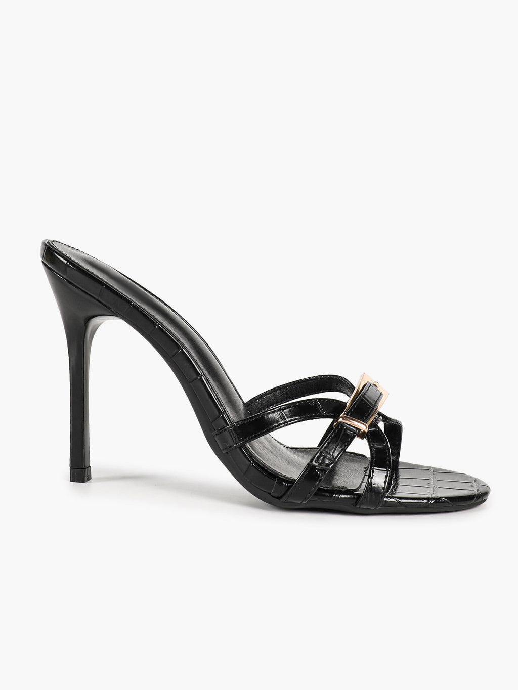 Black Croc-Embossed Patent Leather Strappy Mule Sandals Metal Buckle Detail High Stiletto Heels