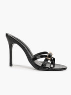 Black Croc-Embossed Patent Leather Strappy Mule Sandals Metal Buckle Detail High Stiletto Heels