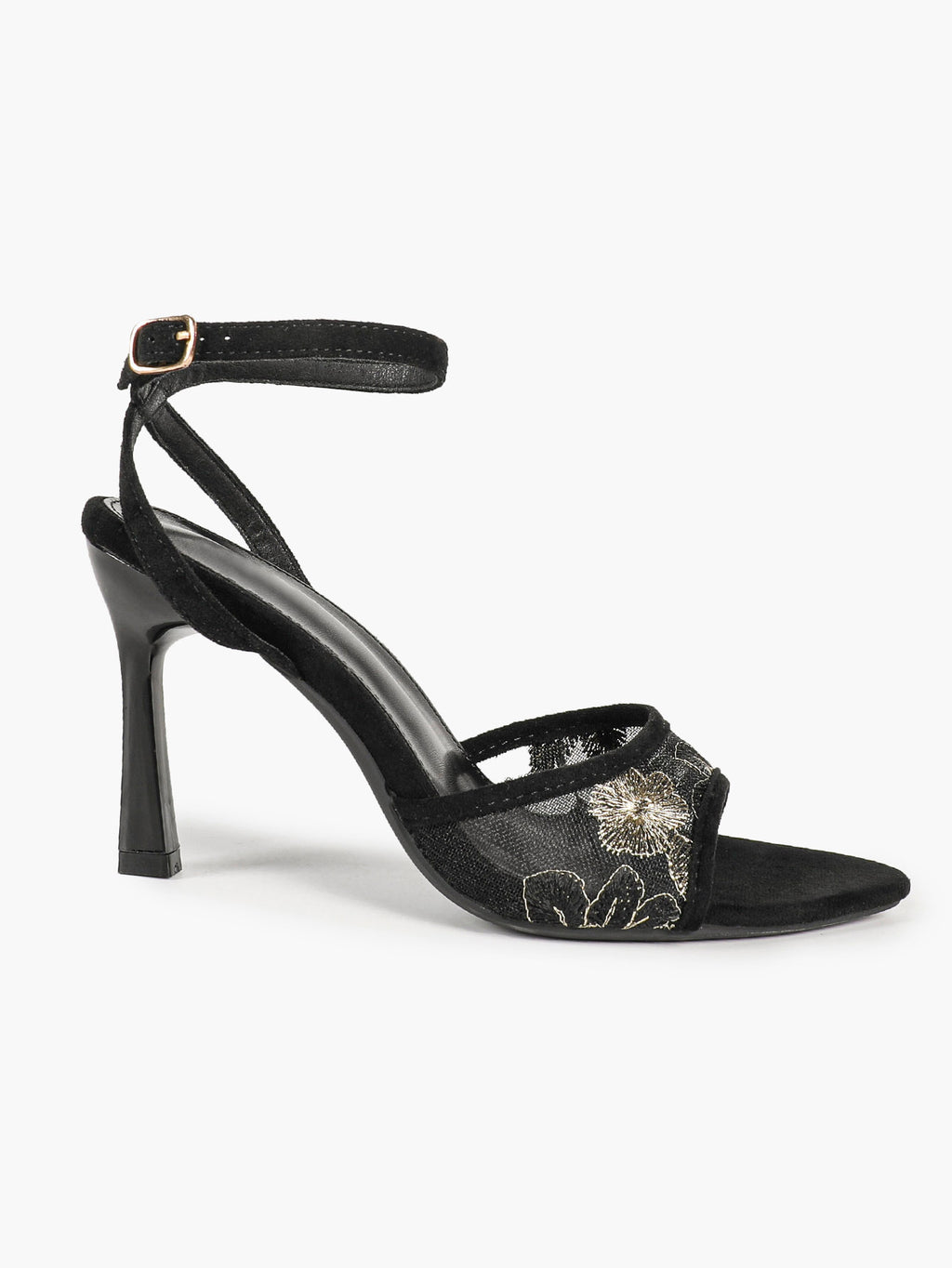 The Moonlight Muse: White Mesh Embroidered Strap Heels with a 3.74" Sculpted Heel
