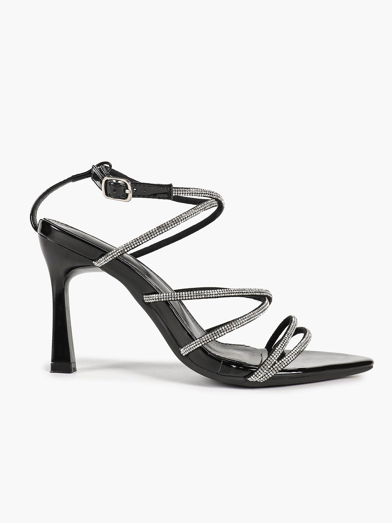 Night Sparkle: Black Patent Crystal Strap Sandals for Unforgettable Evening Glamour
