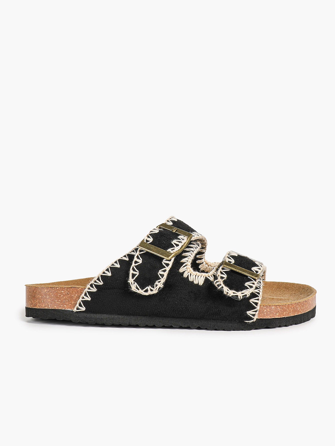 Taupe Suede Slides with Contrast Whipstitch Trim and Gold-Tone Buckles