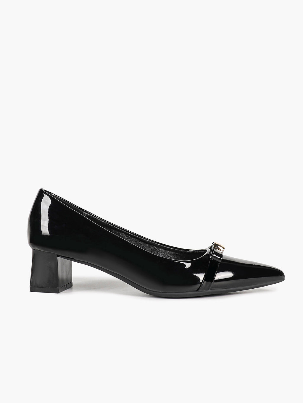 Black Patent Pointed-Toe Heels with Gold-Tone Metal Accent and Block Heel