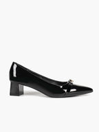 Black Patent Pointed-Toe Heels with Gold-Tone Metal Accent and Block Heel