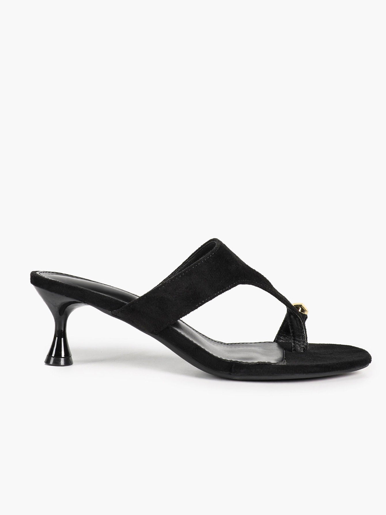 Black Suede T-Strap Thong Mule Sandals Gold Oval Metal Detail Kitten Heels Slip-On Soft Insole