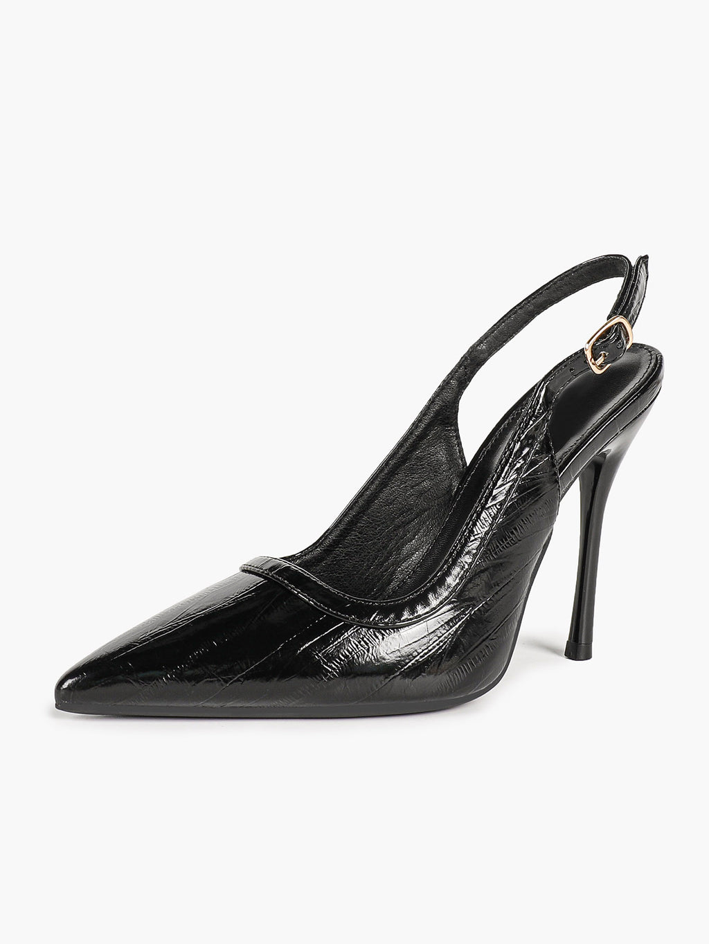 Midnight Gloss: Black Reptile-Print Slingback Heels for Effortless Evening Glamour
