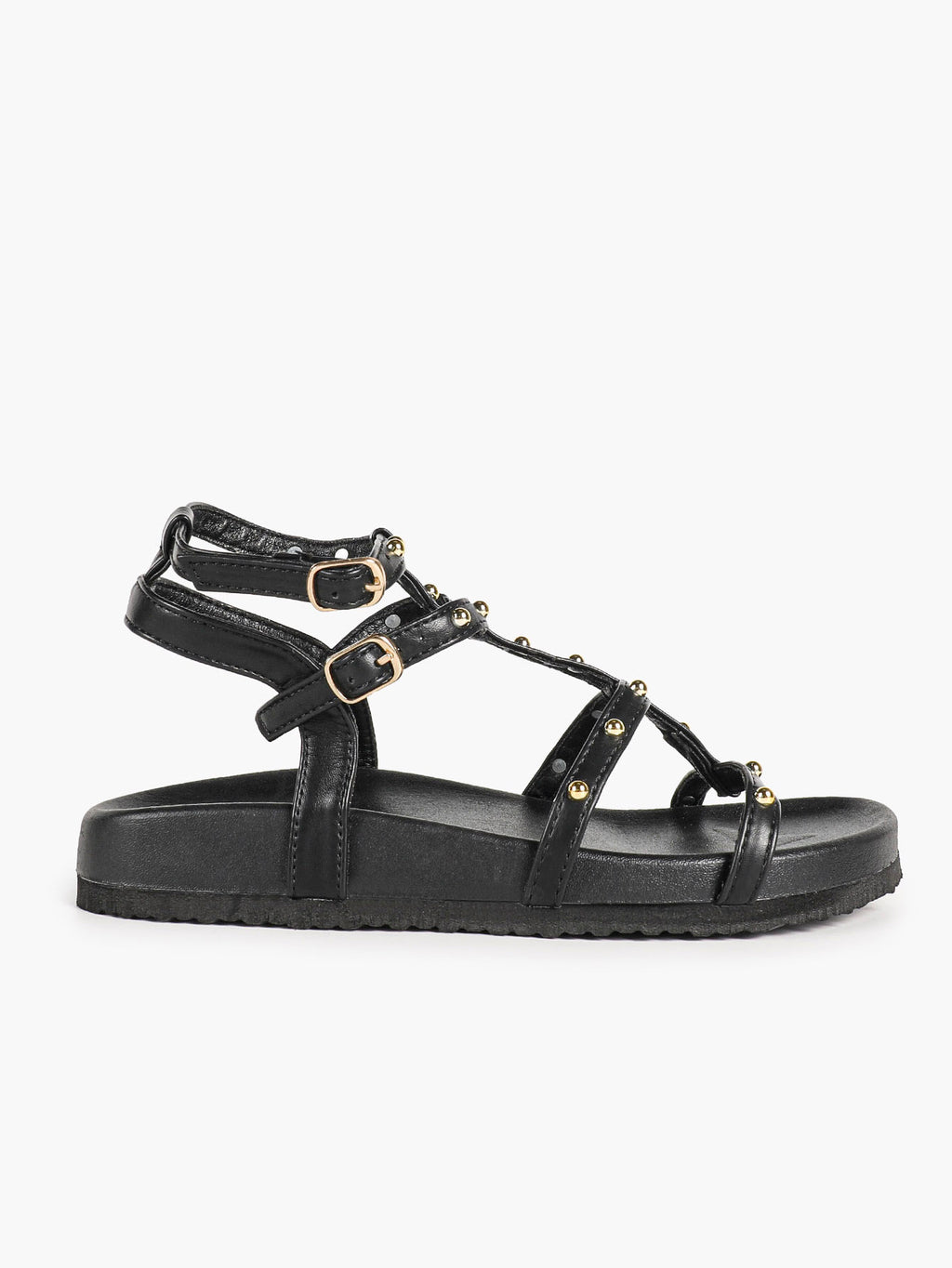 Black Strappy Gladiator Sandals with Secure Dual Buckle Fit and Soft Footbed