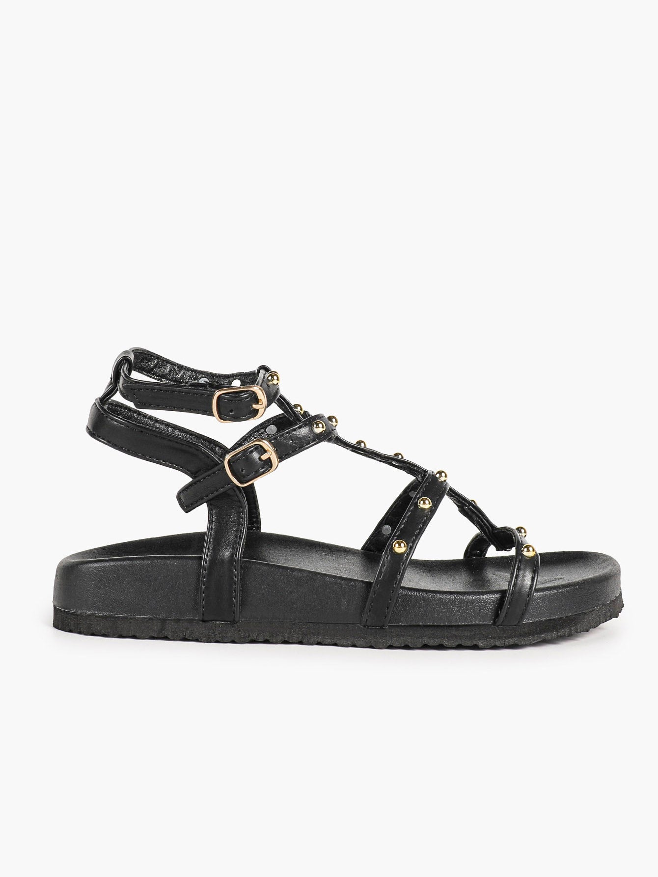 Black Strappy Gladiator Sandals with Secure Dual Buckle Fit and Soft Footbed