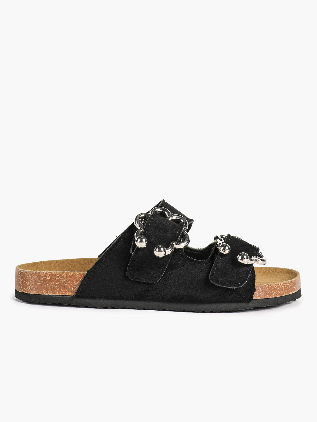 Black Suede Double-Buckle Slides with Silver-Tone Floral Hardware