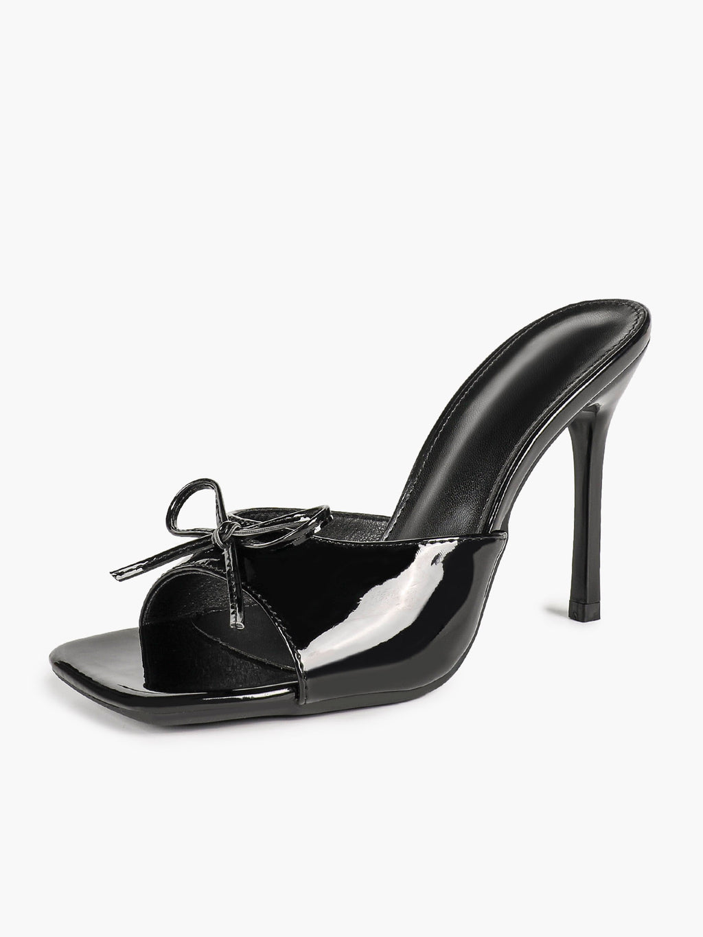The Cool-Girl Bow: Black Patent Square-Toe Mules with a 4.13" Stiletto