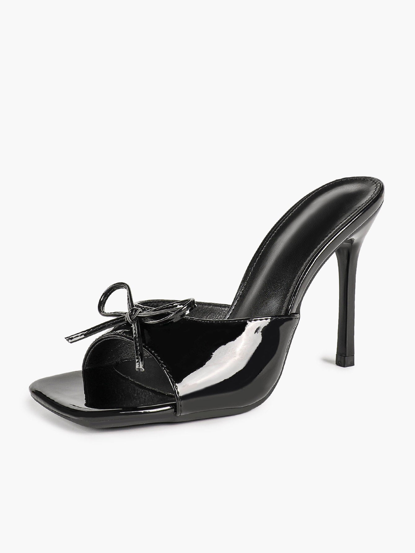 The Cool-Girl Bow: Black Patent Square-Toe Mules with a 4.13" Stiletto