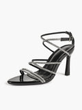 Night Sparkle: Black Patent Crystal Strap Sandals for Unforgettable Evening Glamour