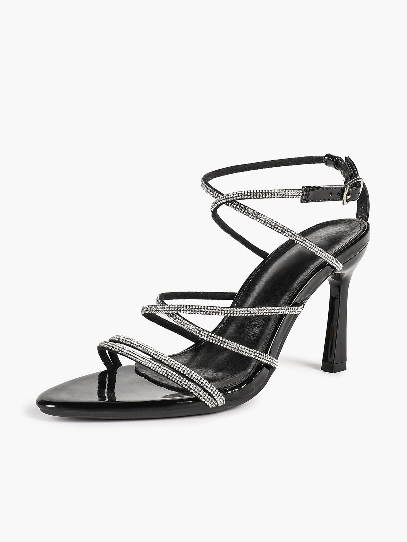 Night Sparkle: Black Patent Crystal Strap Sandals for Unforgettable Evening Glamour