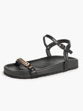 Black Leather Flat Sandals with Gold Coin Detail and Ankle Strap Summer Vacation