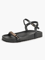 Black Leather Flat Sandals with Gold Coin Detail and Ankle Strap Summer Vacation