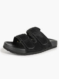 Black Suede Double-Strap Velcro Slide Sandals with Cushioned Footbed