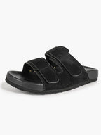 Black Suede Double-Strap Velcro Slide Sandals with Cushioned Footbed